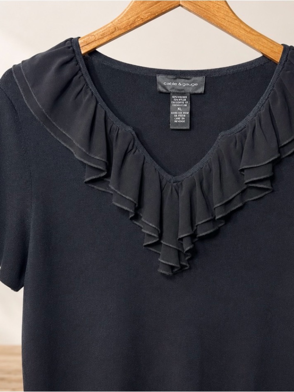 Cable & Gauge Black Short-Sleeve Ruffle V-Neck Top